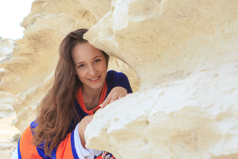 Cute Megan Muse Clambers About On The Rocks In A Giant Sports Shirt That Dwarfs Her Petite Frame 08