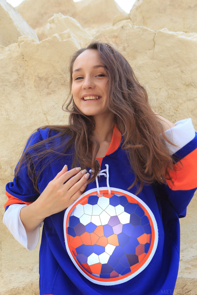 Cute Megan Muse Clambers About On The Rocks In A Giant Sports Shirt That Dwarfs Her Petite Frame 11